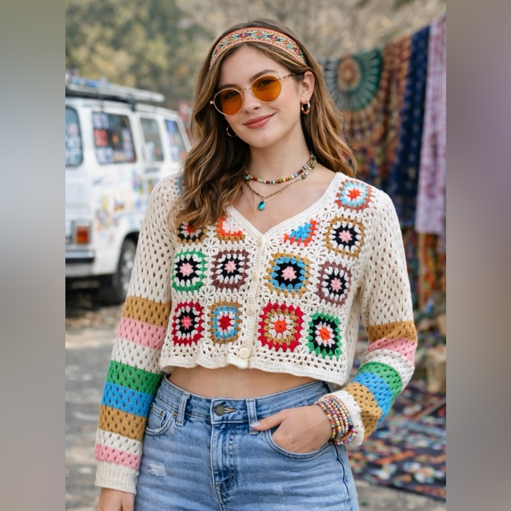 Vintage Inspired Granny Square Knitted Crochet Cardigan Cropped Sweater Sz L